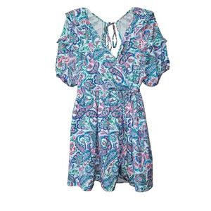 THML Women's Dress Lolita Artsy Paisley Knee Length Puff Sleeve Boho Summer Sz M